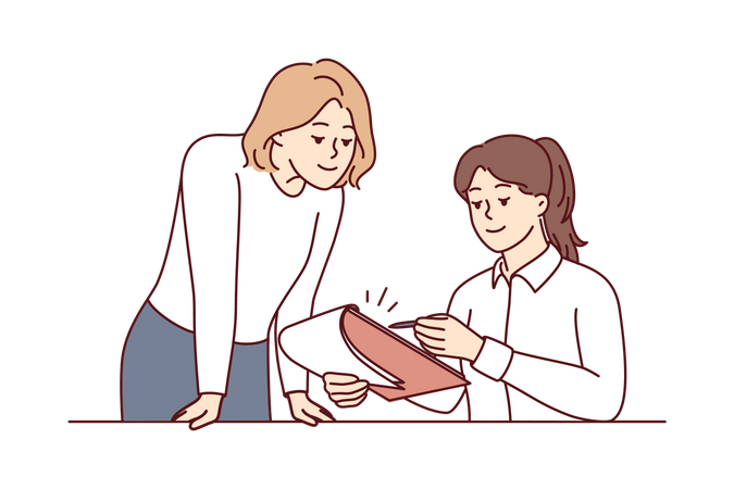 Female assistant checking female boss schedule  Illustration