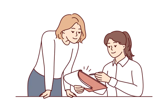 Female assistant checking female boss schedule  Illustration