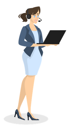 Female assistant standing with headphone with holding laptop  Illustration