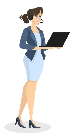 Female assistant standing with headphone with holding laptop  Illustration