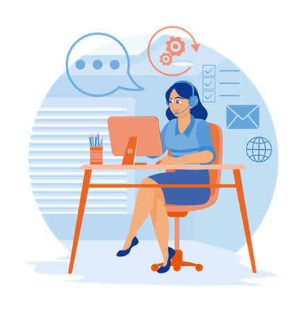 Female assistant working in call center office  Illustration