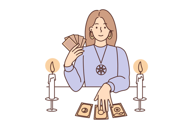 Female astrologer doing tarot card reading  Illustration