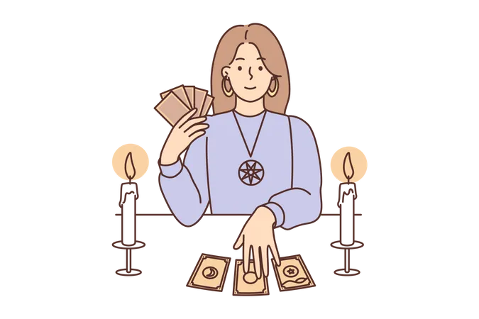 Female astrologer doing tarot card reading  Illustration