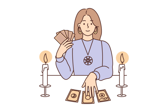 Female astrologer doing tarot card reading  イラスト