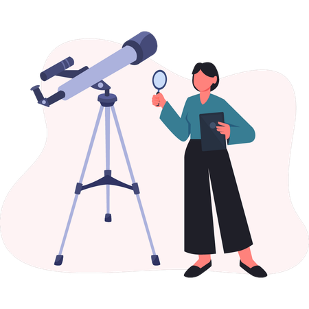 Female Astrologer looking at stars using telescope  Illustration