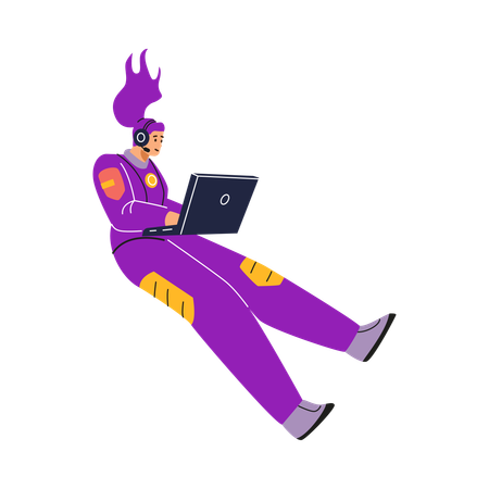 Female astronaut in a protective suit in a headset with a laptop  Illustration