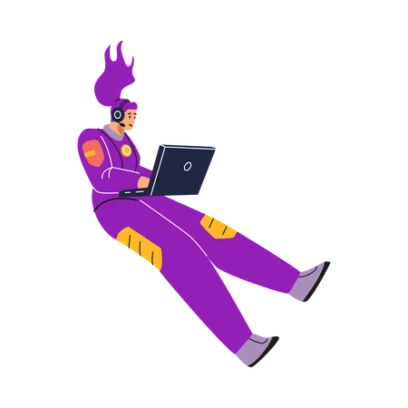 Female astronaut in a protective suit in a headset with a laptop  Illustration