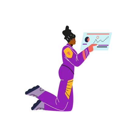 Female astronaut looks at flight data Zero gravity  Illustration