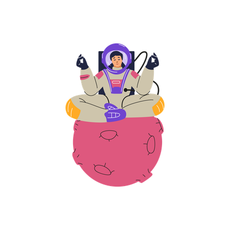 Female astronaut meditating in the lotus position on an asteroid  Illustration