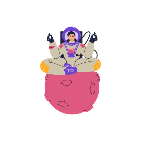 Female astronaut meditating in the lotus position on an asteroid  Illustration