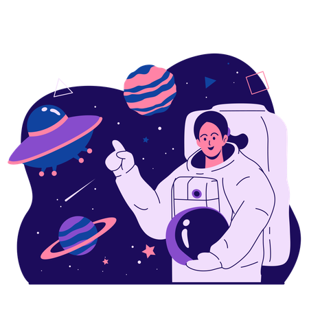 Female astronaut showing ufo  Illustration
