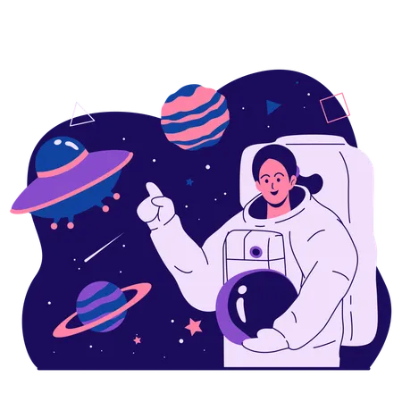 Female astronaut showing ufo  Illustration