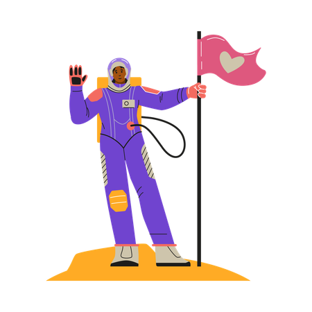 Female astronaut standing proudly on a planet holding a flag  Illustration