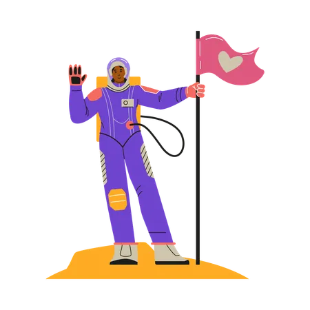 Female astronaut standing proudly on a planet holding a flag  Illustration