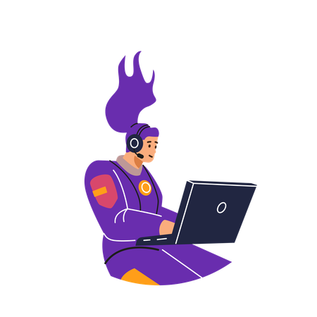 Female astronaut working with a laptop in zero gravity  Illustration