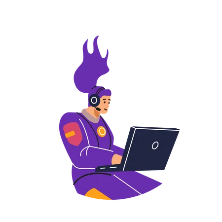 Female astronaut working with a laptop in zero gravity  Illustration