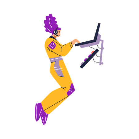 Female astronaut working with a laptop in zero gravity  Illustration