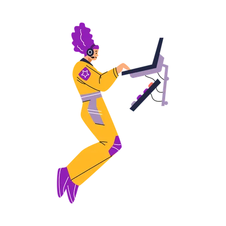 Female astronaut working with a laptop in zero gravity  Illustration