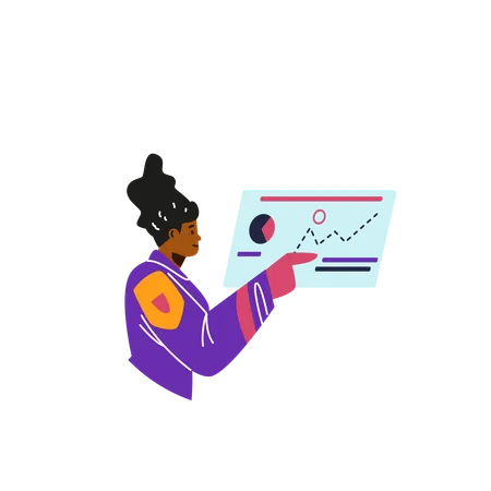 Female astronaut working with a touchscreen in zero gravity  Illustration