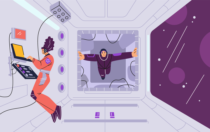 Female astronauts inside a spaceship with a window that overlooks the universe  Illustration