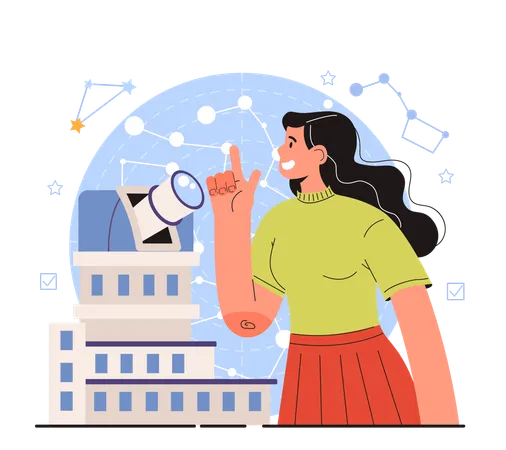 Diverse Women In Science Female Astronomer Looking Through A Telescope At The Stars In Observatory Scientist Study The Objects In Universe Flat Vector Illustration Illustration