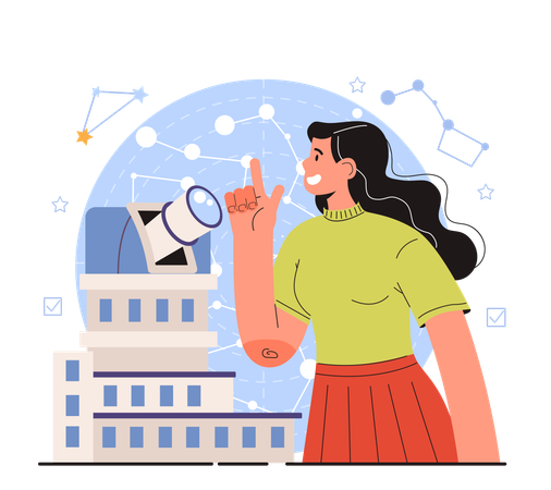 Female astronomer looking through telescope  Illustration