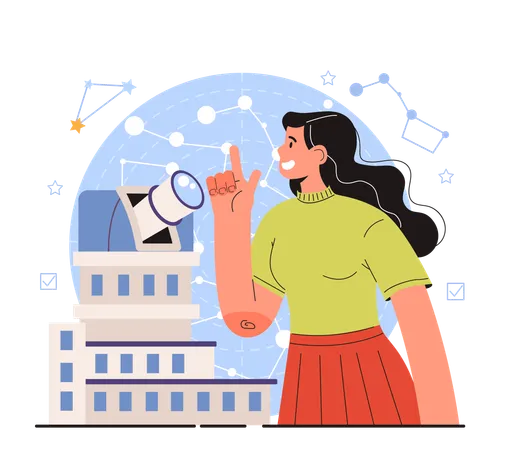 Female astronomer looking through telescope  Illustration