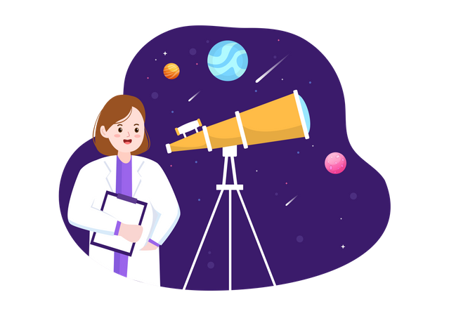 Female Astronomer With A Telescope  Illustration