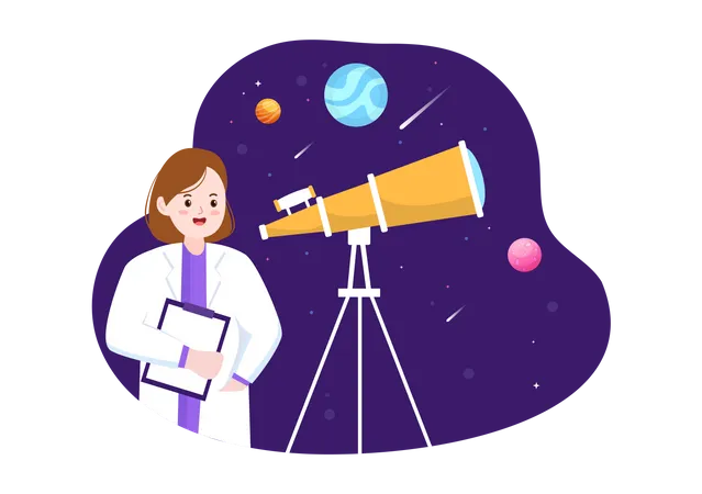 Female Astronomer With A Telescope  Illustration