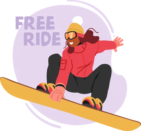 Female Athlete Character Zoom Down Snowy Slopes Carving Through Fresh Powder On Free Ride Snowboard Embrace The Thrill Of Winter Mastering Slopes With Skill In This Exhilarating Cold Weather Sport Illustration