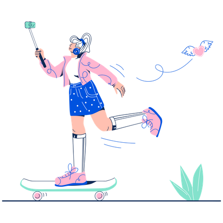 Female Athlete Making Vlog while Skateboarding  Illustration