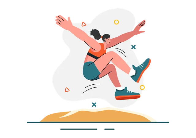 Female athlete performing long jump in sand pit  Illustration