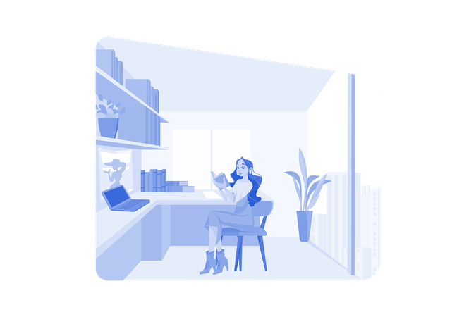 Female Author Is Reading A Book In The Office  Illustration