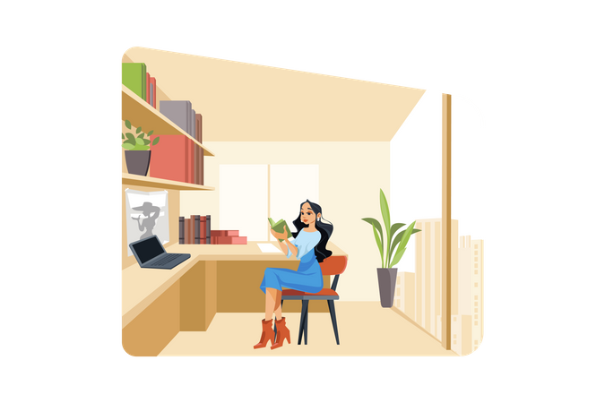 Female author is reading a book in the office Illustration