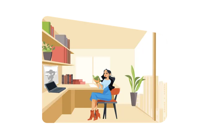 Female author is reading a book in the office Illustration