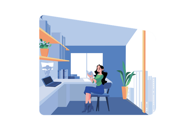Female Author Is Reading A Book In The Office  Illustration