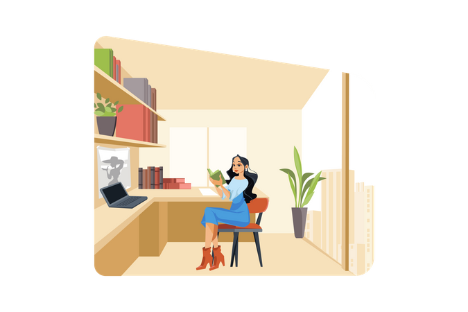 Female author is reading a book in the office  Illustration