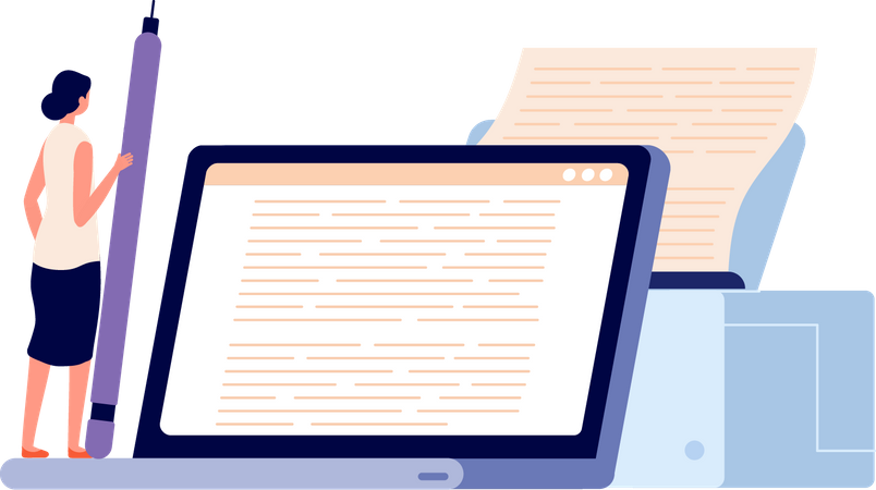 Female author writing online  Illustration