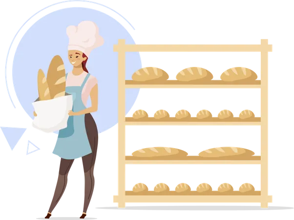 Female Baker Flat Color Vector Illustration Woman Next To Shelves With Baked Products Bread Production Bake Shop Food Industry Girl In Chef Hat Isolated Cartoon Character On White Background Illustration