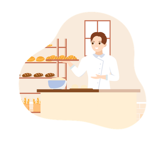 Female baker holding bread tray  Illustration