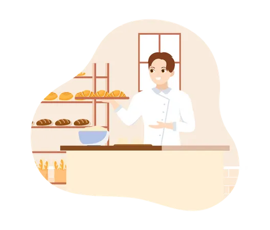 Female baker holding bread tray Illustration