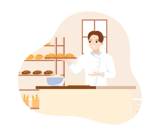 Female baker holding bread tray  Illustration