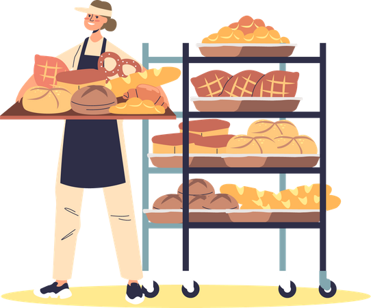 Female baker loading products to store Illustration