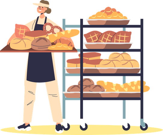 Female baker loading products to store  Illustration