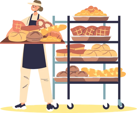 Female baker loading products to store  Illustration