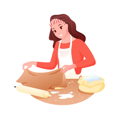 Female baker preparing dough using rolling pin  Illustration