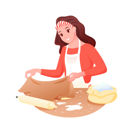 Female baker preparing dough using rolling pin  Illustration