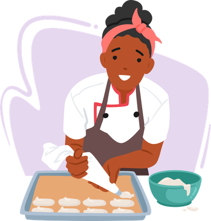 Female baker pushing dough from cone  Illustration