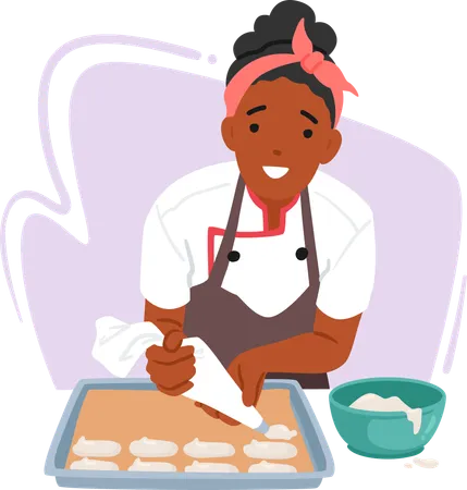 Female baker pushing dough from cone  Illustration