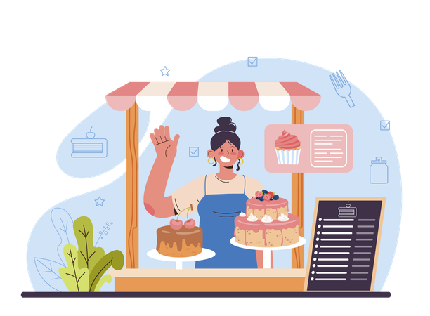 Female baker selling cake  일러스트레이션